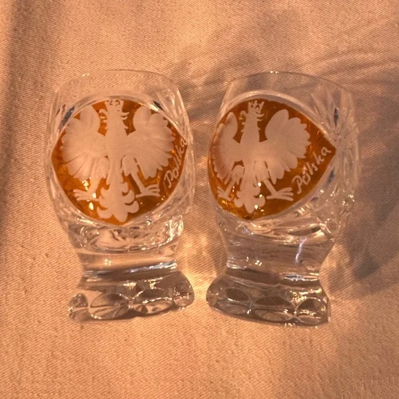 Set of Cut Crystal Shot Glasses From Poland w/National Emblem Polish Eagle - Picture 2 of 4